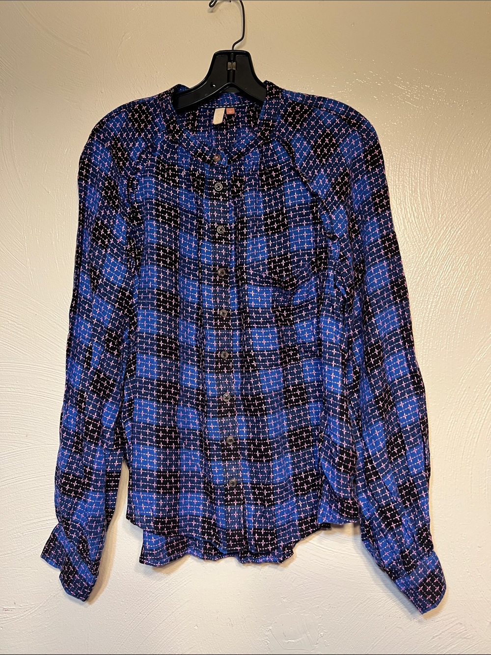 Pilcro Anthro Boho Embroidered Plaid Button Front Blouse Top Size L Blue Pink